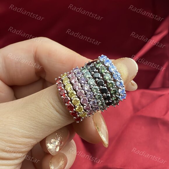 NEW Certified 3mm Royal Blue Moissanite 7 Stone Half Eternity Band Ring - Picture 10 of 11